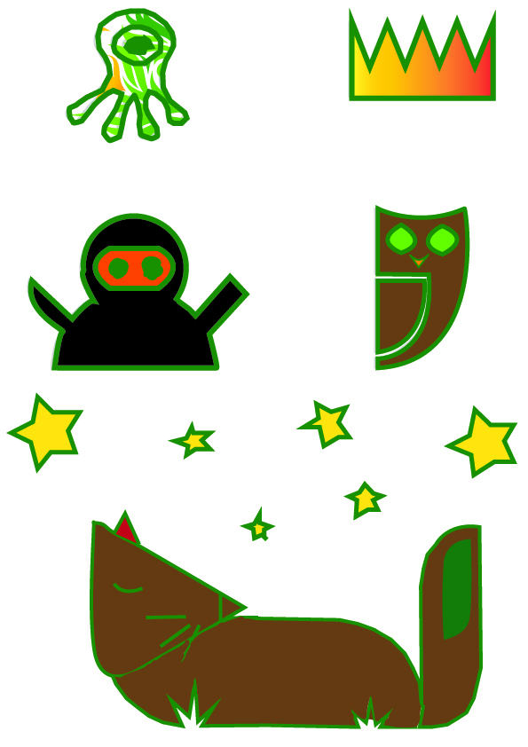 Assignment depicting a squid, crown, ninja, owl, and fox using illustrator and the pen tool for my CMNS class.